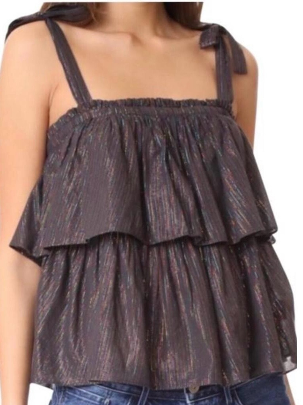 La Vie Rebecca Taylor Lurex Metallic Stripe Tie-Shoulder Tier Top Size Medium - Picture 2 of 13